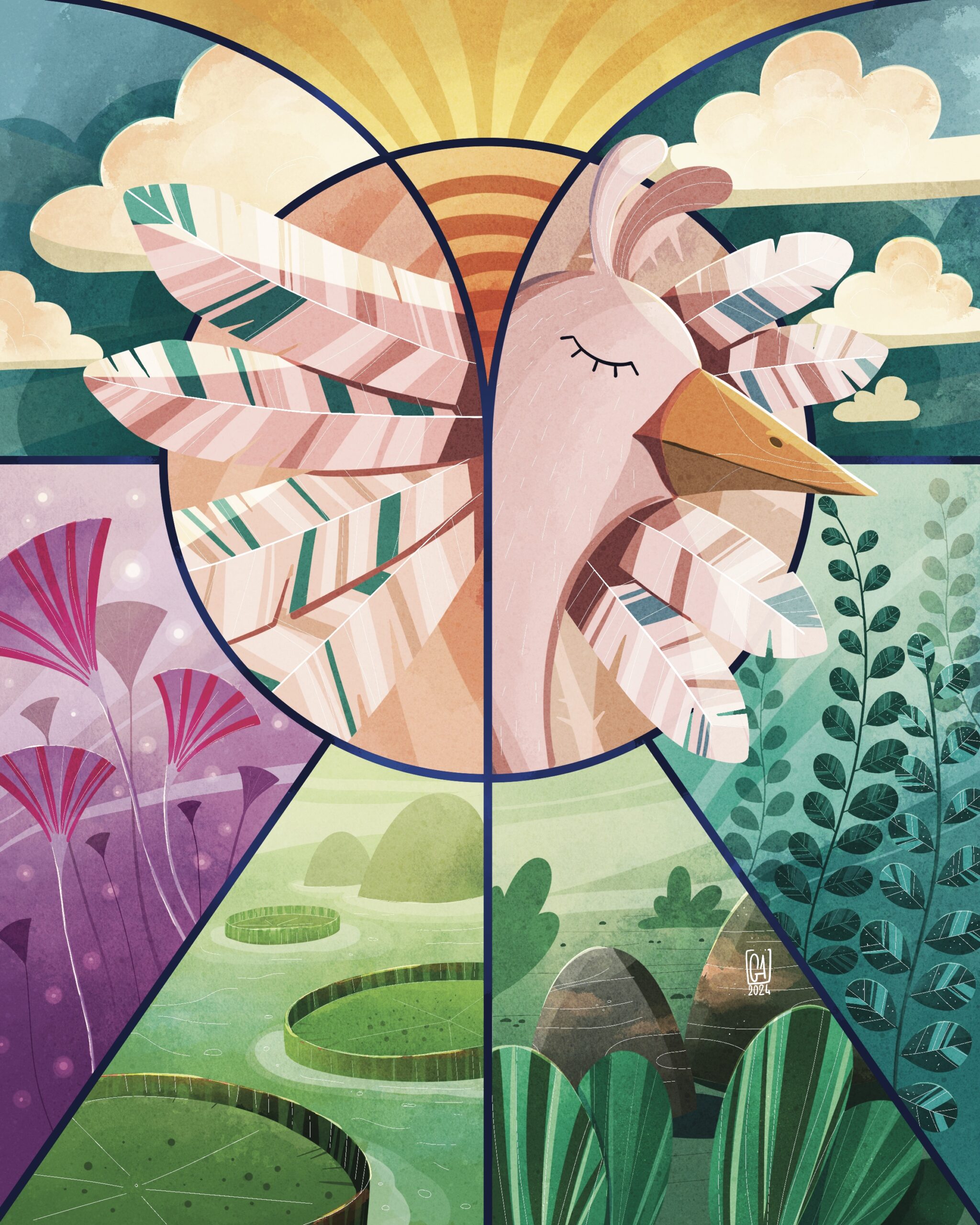 Illustration colorée, vitrail, New tells Studio en Suisse